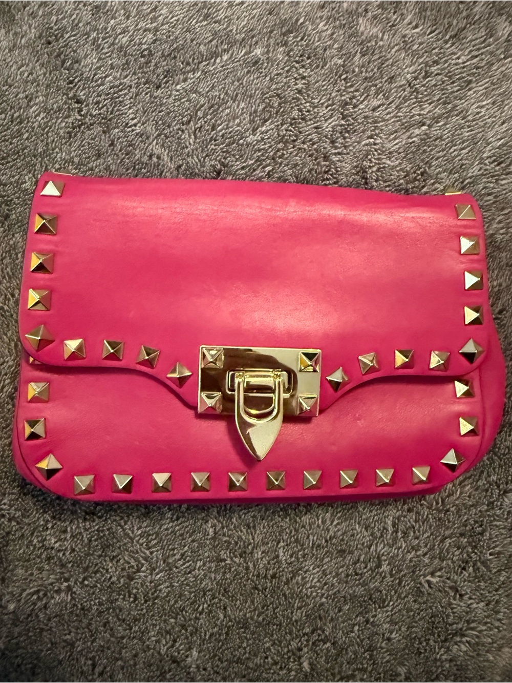 Valentino Garavani Hot Pink Leather Studded Clutch with Gold Hardware